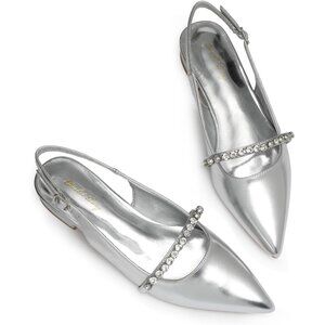Women Silver Polyurethane (PU) Rhinestone Pointed Toe Slingback Flats Shoes